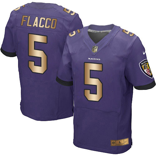 Nike Ravens #5 Joe Flacco Purple Team Color Men's Stitched NFL New Elite Gold Jersey - Click Image to Close